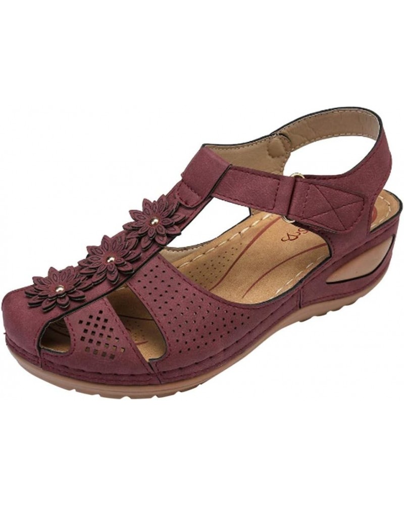 Women's Wedge Sandal Flower Open Toe Breathable T Strap Summer Sandal Purple $10.12 Sandals