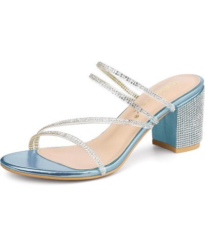 Women's Strappy Rhinestone Block Heel Slide Sandals Sky Blue $18.33 Sandals