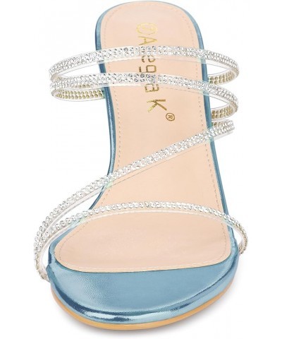 Women's Strappy Rhinestone Block Heel Slide Sandals Sky Blue $18.33 Sandals