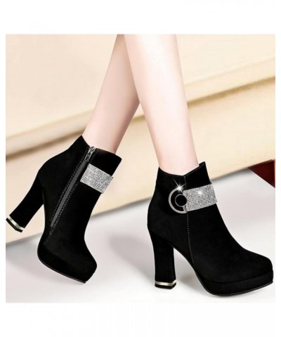 Women's Fashion Ankle Boots,Chunky High Heel Booties Sexy Round Toe Zipper Platform Ankle Elastic Chunky Heel Booties Rhinest...