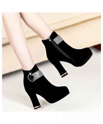 Women's Fashion Ankle Boots,Chunky High Heel Booties Sexy Round Toe Zipper Platform Ankle Elastic Chunky Heel Booties Rhinest...