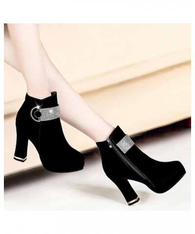 Women's Fashion Ankle Boots,Chunky High Heel Booties Sexy Round Toe Zipper Platform Ankle Elastic Chunky Heel Booties Rhinest...