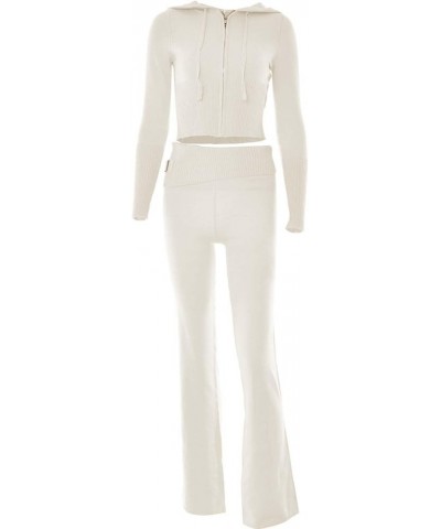 Ladies' Solid Color Knitted Hooded Suit Sexy High Waist Long Sleeve Pants Two Piece Set Sets - White $26.12 Boots