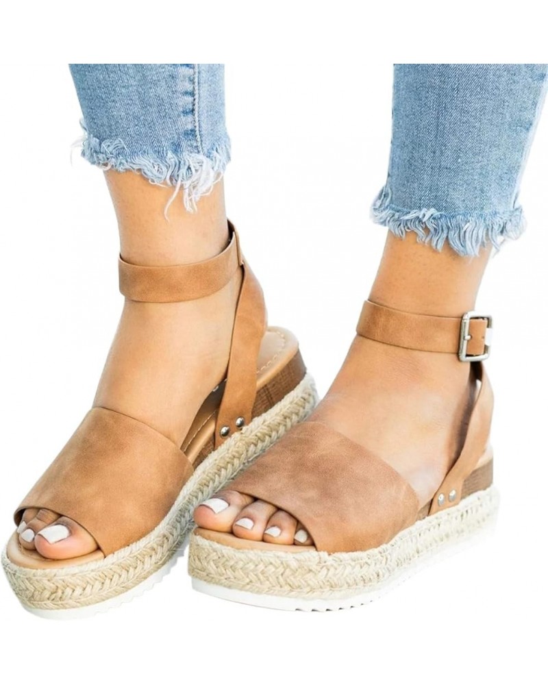 Women's Sandals Espadrilles Wedge Heeled Weave Platform Sandals Adjustable Buckle Peep Toe Beach Dress Sandals C Brown $21.71...