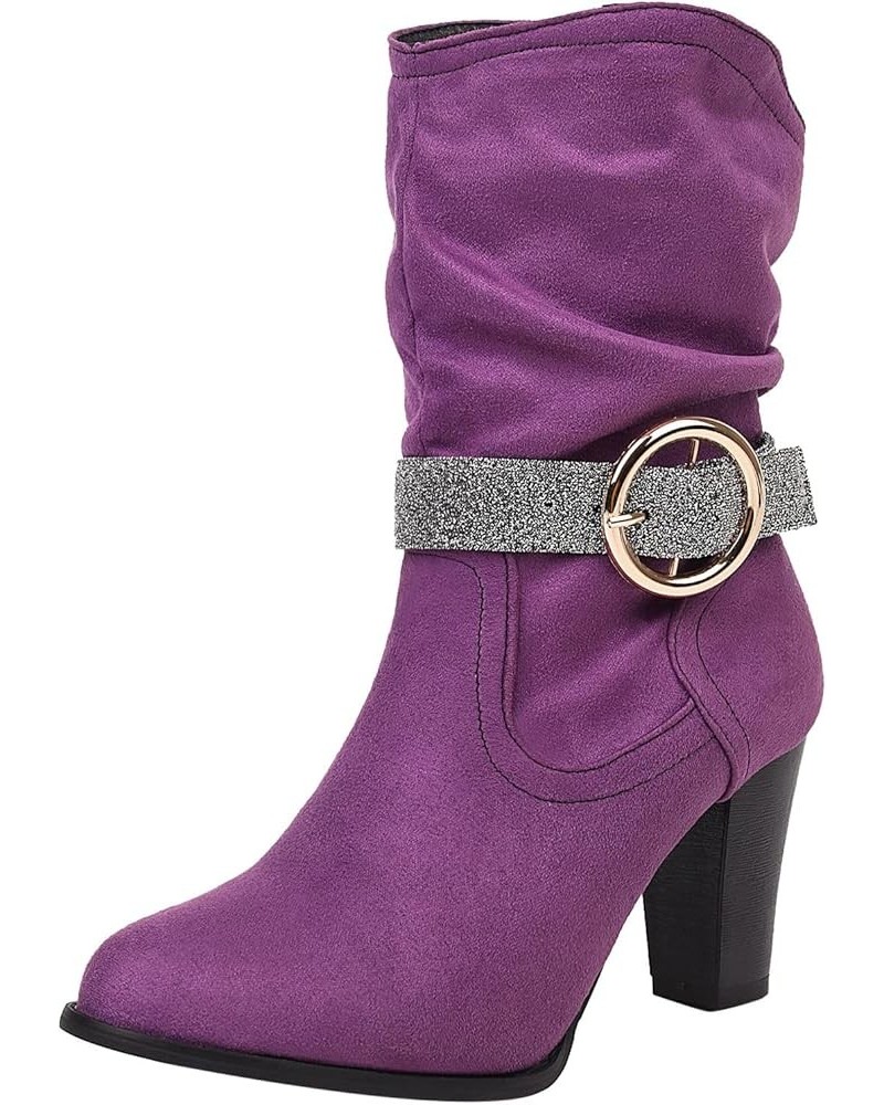 Leather Boots for Women Riding Boots With Zipper Combat Boots for Women With Buckle Tall Winter Snow Boots Purple $30.84 Boots