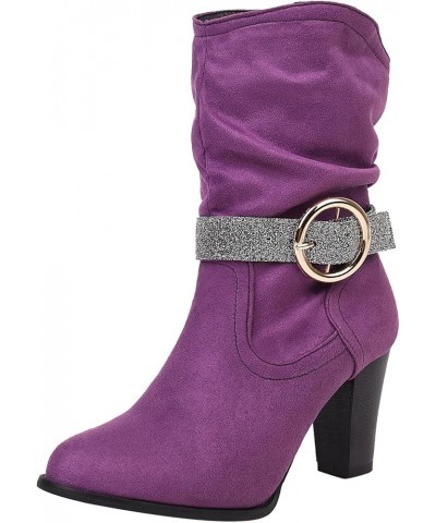 Leather Boots for Women Riding Boots With Zipper Combat Boots for Women With Buckle Tall Winter Snow Boots Purple $30.84 Boots