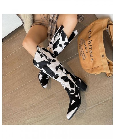 Women's Knee-High Cow Print Boots, Pointed-Toe Boots Mid-Calf Mid Heel 2-3 Inches Women's Boots Winter 39 Zongse $41.14 Boots