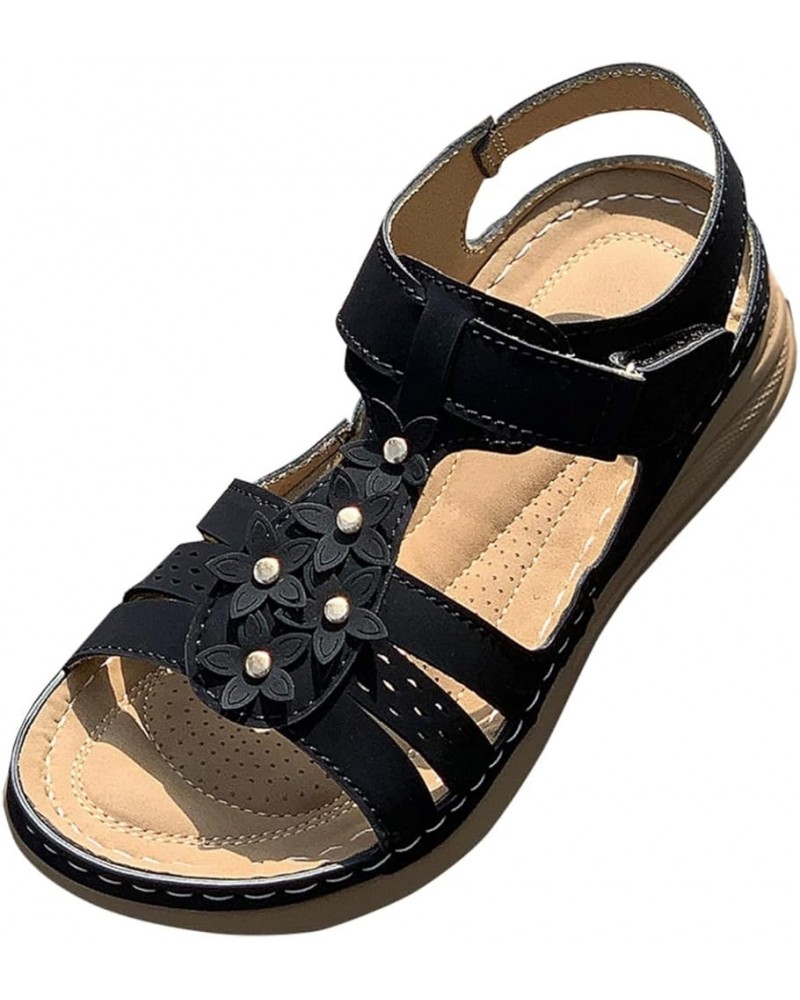 Sandals Women Ankle Straps Soft Cushion Platform Wedge Sandals Open Toe Solid Color Flat Summer Womens Sandals Black $14.49 O...