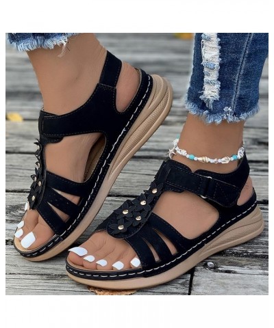 Sandals Women Ankle Straps Soft Cushion Platform Wedge Sandals Open Toe Solid Color Flat Summer Womens Sandals Black $14.49 O...