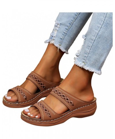 Girl's Slip On Peep Toe Wedge Cutout Summer Casual 2024 Sandals for Women Casual Summer Beach Shoes Women Sandals Brown $16.4...