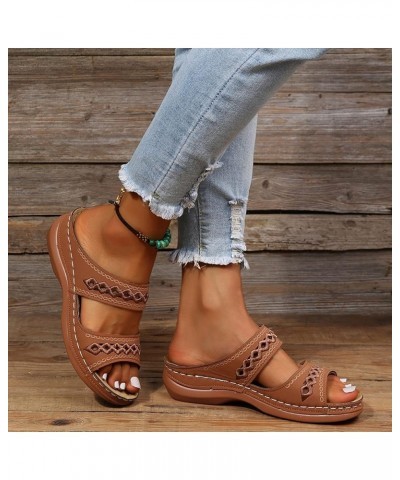 Girl's Slip On Peep Toe Wedge Cutout Summer Casual 2024 Sandals for Women Casual Summer Beach Shoes Women Sandals Brown $16.4...