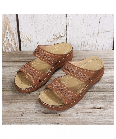 Girl's Slip On Peep Toe Wedge Cutout Summer Casual 2024 Sandals for Women Casual Summer Beach Shoes Women Sandals Brown $16.4...