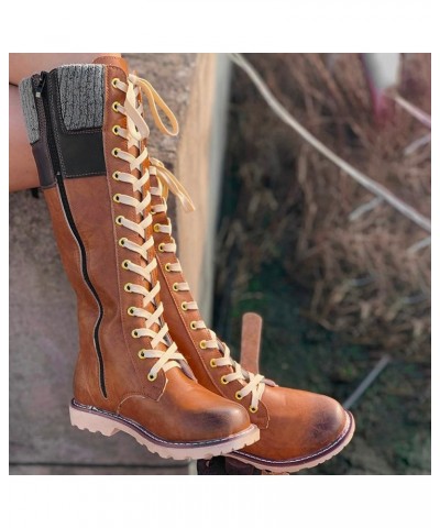 Cowboy Boots Women, Womens Block Heel Knee High Boots Pull On Lace Up Stiching Cowboy Boots Fashion Vintage Boots Yellow $26....