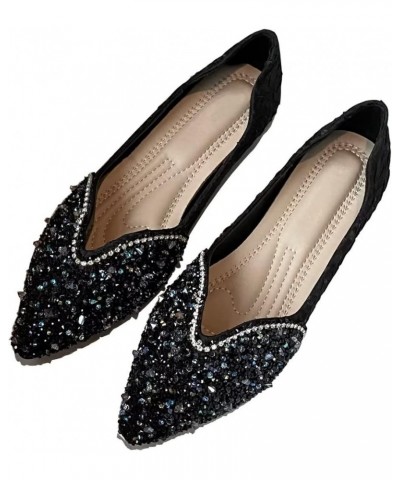 Womens Comfortable Flats Pointed Toe Rhinestone Wedding Dress Flats Breathable Slip on Walking Flat Shoes H Black $10.98 Flats