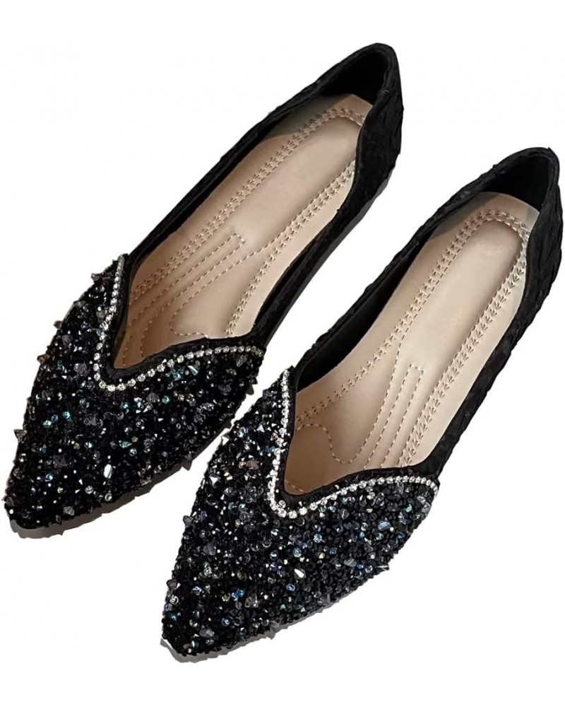 Womens Comfortable Flats Pointed Toe Rhinestone Wedding Dress Flats Breathable Slip on Walking Flat Shoes H Black $10.98 Flats