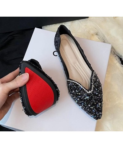 Womens Comfortable Flats Pointed Toe Rhinestone Wedding Dress Flats Breathable Slip on Walking Flat Shoes H Black $10.98 Flats