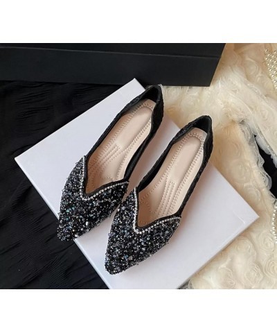 Womens Comfortable Flats Pointed Toe Rhinestone Wedding Dress Flats Breathable Slip on Walking Flat Shoes H Black $10.98 Flats