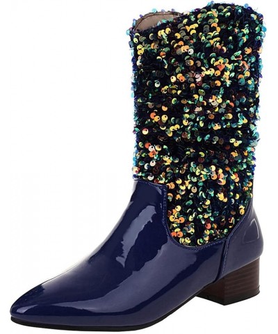 Women's Glitter Sequin Mid Calf Boots Snip Toe Chunky Block Heel Boots Sparkly Cowboy Cowgirl Boots for Women Royal Blue $27....