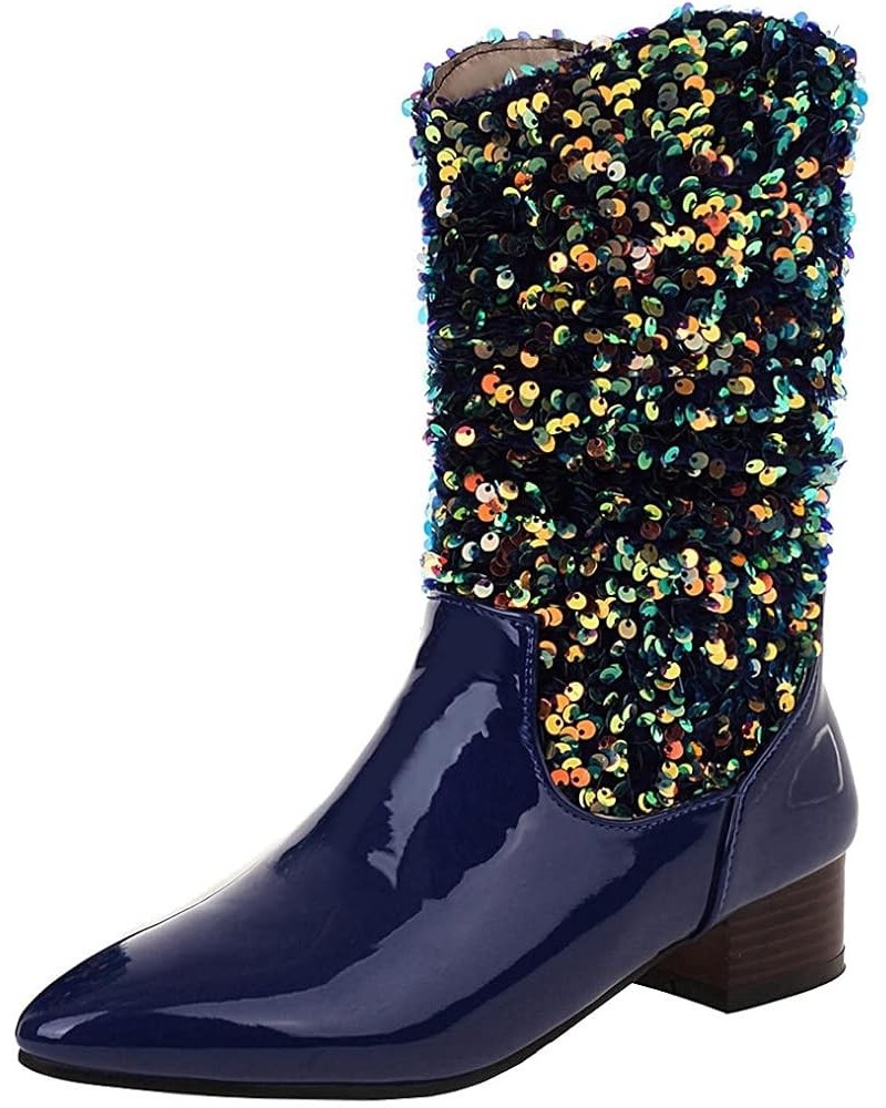 Women's Glitter Sequin Mid Calf Boots Snip Toe Chunky Block Heel Boots Sparkly Cowboy Cowgirl Boots for Women Royal Blue $27....