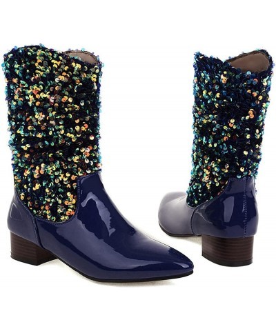 Women's Glitter Sequin Mid Calf Boots Snip Toe Chunky Block Heel Boots Sparkly Cowboy Cowgirl Boots for Women Royal Blue $27....