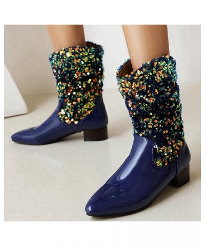 Women's Glitter Sequin Mid Calf Boots Snip Toe Chunky Block Heel Boots Sparkly Cowboy Cowgirl Boots for Women Royal Blue $27....