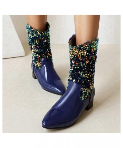 Women's Glitter Sequin Mid Calf Boots Snip Toe Chunky Block Heel Boots Sparkly Cowboy Cowgirl Boots for Women Royal Blue $27....