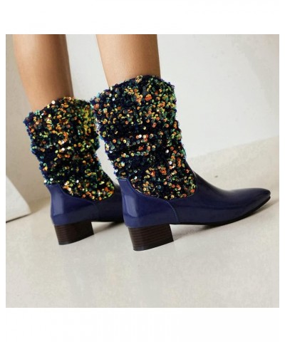 Women's Glitter Sequin Mid Calf Boots Snip Toe Chunky Block Heel Boots Sparkly Cowboy Cowgirl Boots for Women Royal Blue $27....