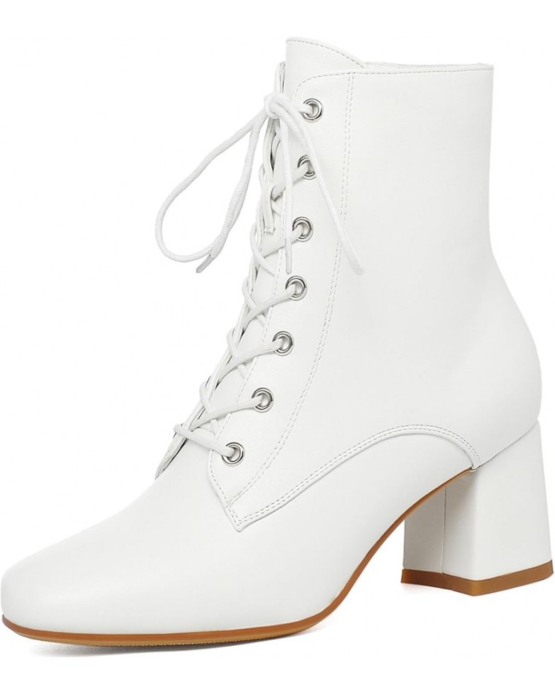 Women Chunky Heel Square Toe Ankle Boots Lace Up Block Heel Booties Comfortable Mid Heel GOGO Boots Dress Shoes 1-white $23.1...