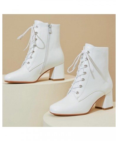 Women Chunky Heel Square Toe Ankle Boots Lace Up Block Heel Booties Comfortable Mid Heel GOGO Boots Dress Shoes 1-white $23.1...