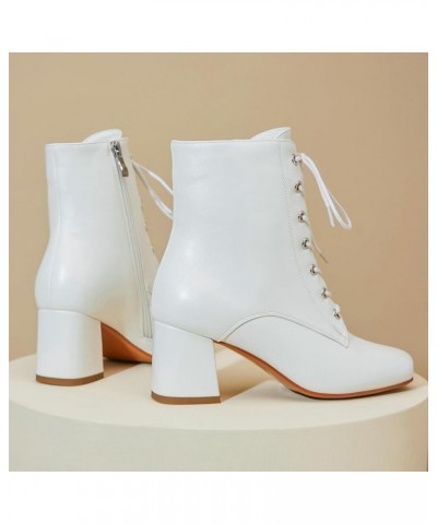 Women Chunky Heel Square Toe Ankle Boots Lace Up Block Heel Booties Comfortable Mid Heel GOGO Boots Dress Shoes 1-white $23.1...