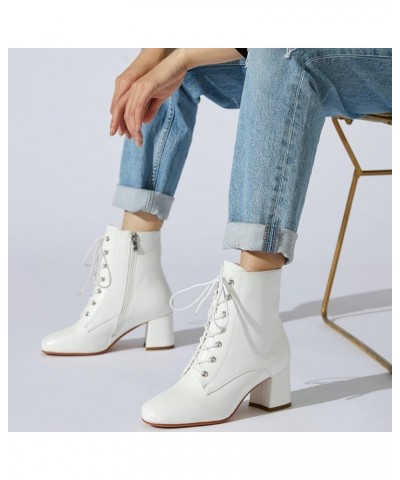 Women Chunky Heel Square Toe Ankle Boots Lace Up Block Heel Booties Comfortable Mid Heel GOGO Boots Dress Shoes 1-white $23.1...