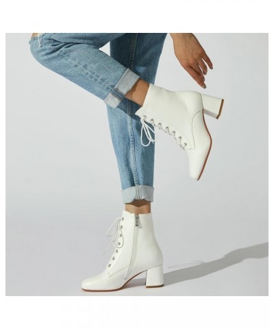 Women Chunky Heel Square Toe Ankle Boots Lace Up Block Heel Booties Comfortable Mid Heel GOGO Boots Dress Shoes 1-white $23.1...