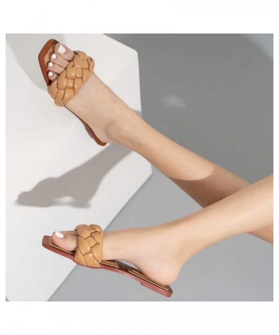 Slippers for Women Square Open Toe Flat Sandals Slip On Mule Slipper Weave Ladies Slides Low Heel Shoes Brown $16.71 Sandals