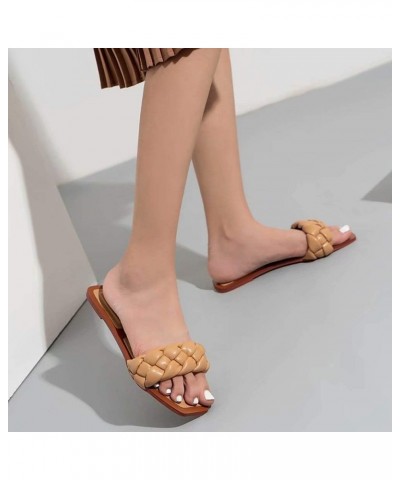 Slippers for Women Square Open Toe Flat Sandals Slip On Mule Slipper Weave Ladies Slides Low Heel Shoes Brown $16.71 Sandals