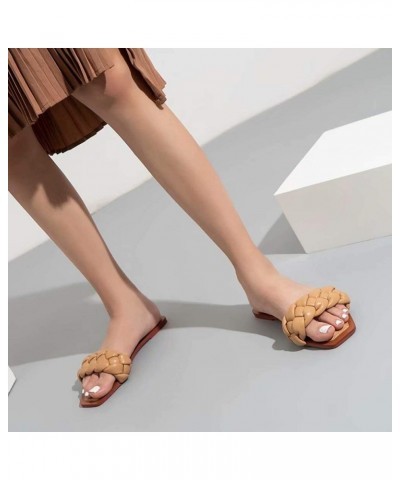 Slippers for Women Square Open Toe Flat Sandals Slip On Mule Slipper Weave Ladies Slides Low Heel Shoes Brown $16.71 Sandals