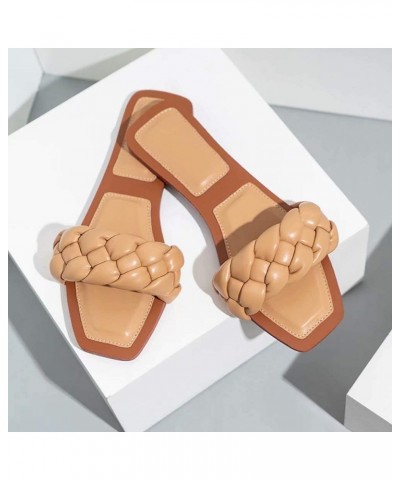 Slippers for Women Square Open Toe Flat Sandals Slip On Mule Slipper Weave Ladies Slides Low Heel Shoes Brown $16.71 Sandals