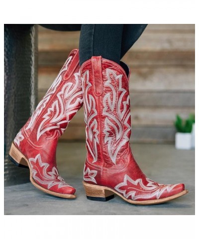 Cowboy Boots for Women Vintage Embroidery Mid Calf Cowgirl Western Boots Chunky Low Heel Slip on Wide Calf Boots Fashion Fall...