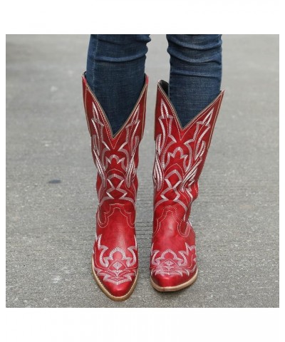 Cowboy Boots for Women Vintage Embroidery Mid Calf Cowgirl Western Boots Chunky Low Heel Slip on Wide Calf Boots Fashion Fall...