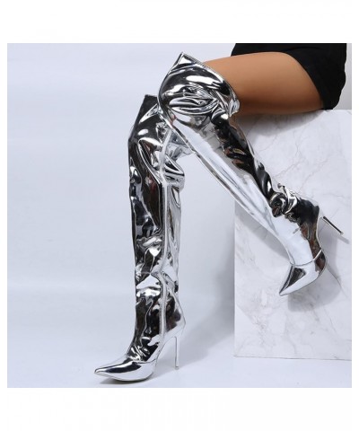 Ladies Fashion Solid Color Bright Leather Side Zipper Thin High Heel Over The Knee Womens Boots Size 12 over The Silver $28.8...