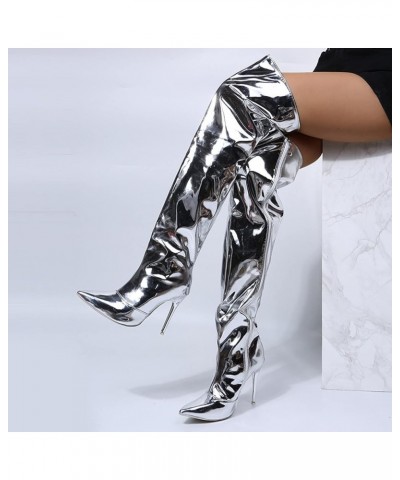 Ladies Fashion Solid Color Bright Leather Side Zipper Thin High Heel Over The Knee Womens Boots Size 12 over The Silver $28.8...