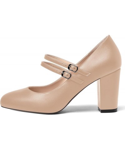 Womens Bridal Sexy Two Straps Round Toe Matte Fashion Buckle Block High Heel Pumps Dress Shoes 3.5 Inch Beige $41.68 Pumps