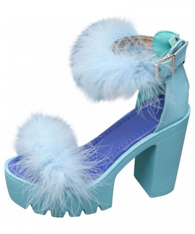 Womens Fluffy Platform Sandal High Heel Dress Shoes Open Toe Ankle Strap Chunky Pump for Wedding Party Dance Evening Sky Blue...