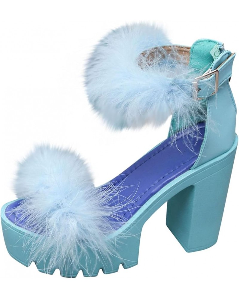 Womens Fluffy Platform Sandal High Heel Dress Shoes Open Toe Ankle Strap Chunky Pump for Wedding Party Dance Evening Sky Blue...