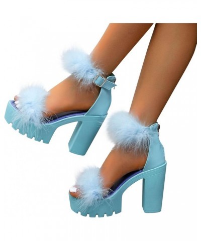 Womens Fluffy Platform Sandal High Heel Dress Shoes Open Toe Ankle Strap Chunky Pump for Wedding Party Dance Evening Sky Blue...