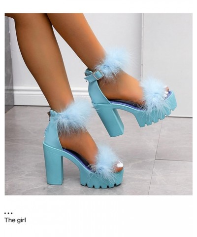 Womens Fluffy Platform Sandal High Heel Dress Shoes Open Toe Ankle Strap Chunky Pump for Wedding Party Dance Evening Sky Blue...