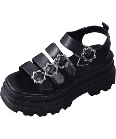 Sandals for Women Ladies Fashion Summer Solid Color Leather Thin Belt Combination Metal Buckle Wedge Heel Thick Sole (Black, ...