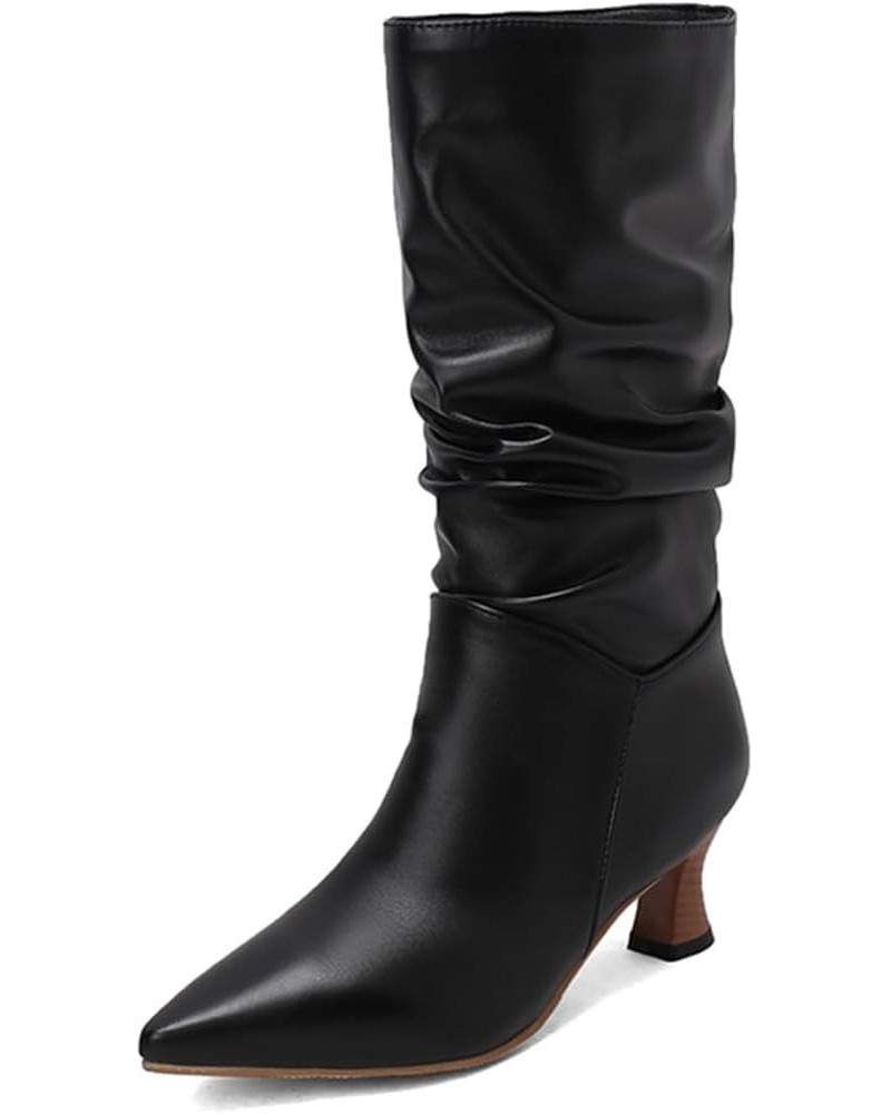 MEKEWUNEY Fashion Womens pleated boots Chunky Low Heel Mid calf Boots 538 Pu Black $26.83 Boots