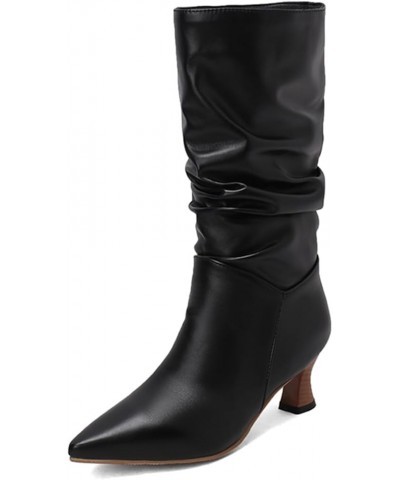 MEKEWUNEY Fashion Womens pleated boots Chunky Low Heel Mid calf Boots 538 Pu Black $26.83 Boots