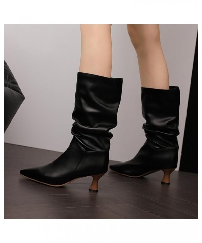 MEKEWUNEY Fashion Womens pleated boots Chunky Low Heel Mid calf Boots 538 Pu Black $26.83 Boots