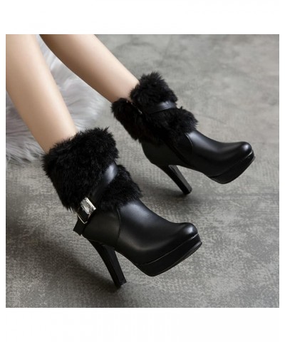 Womens Platform Belt Buckle Ankle Boots Chunky High Heel Round Toe Fuzzy Boots Elegant Rhinestone Winter Warm Snow Shoes Blac...